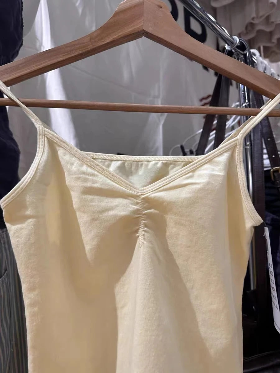 Yellow Folds V-neck Bow Black Tank Tops Women Summer All-match Cotton Sleeveless Slim Camisole Vintage Sweet Cute Crop Top Y2K