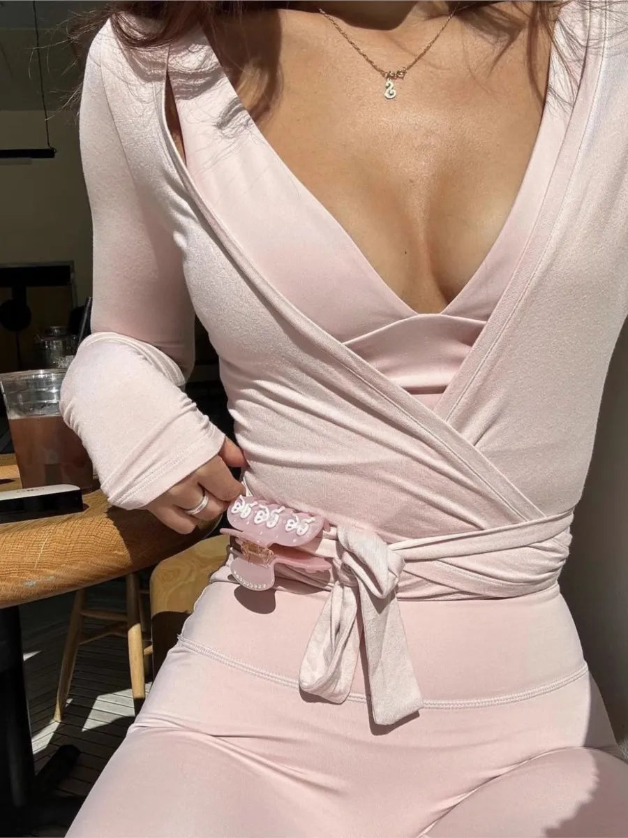 Pink Lace-up Yoga Long Sleeve Tees Women Summer New Casual Fitness Elastic Pilates Tshirt Tops Sweet American Chic T-shirts Y2K