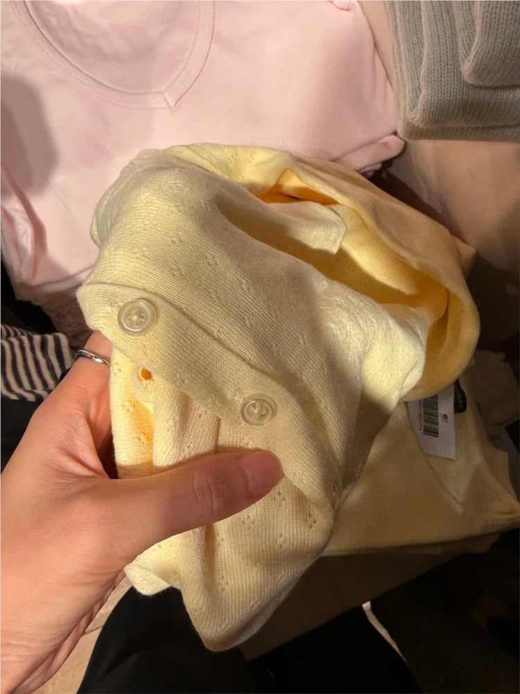 Yellow Eyelet Knitted Cardigan Tops Women Autumn New Casual Cotton Long Sleeve Sweater Sweet Cute Preppy Style T-shirts Coat