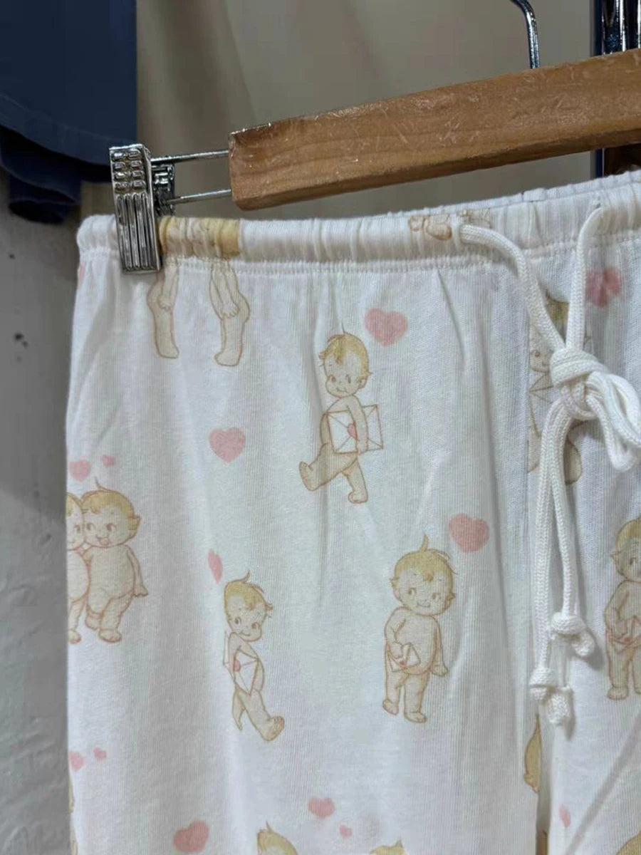 Angel Print T-shirt Pant Pajama Set Woman Short Sleeve Tee+Drawstring Straight Trousers Sweet Cute Cotton Home 2 Piece Sets