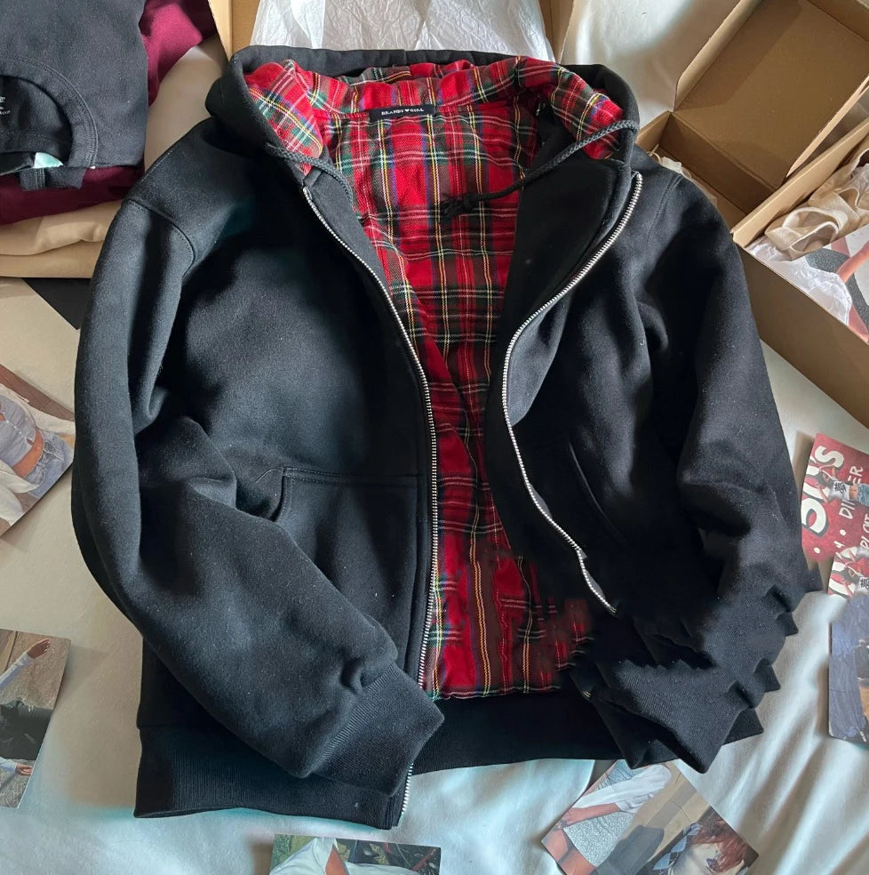 Plaid Print Thick Hoodie Coat Women Autumn Pockets Zip-up Drawstring Classic Pullover Tops Vintage Harajuku Y2K Chic Sweatshirts