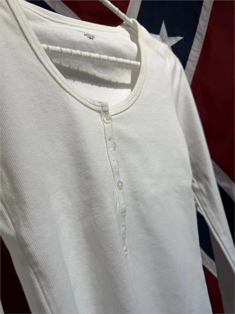 Simple White Ribbed Slim Long Sleeve T-shirts Women Autumn Six Buttons O-Neck Cotton Tshirts Tops  All-match Tees Shirt Clothes