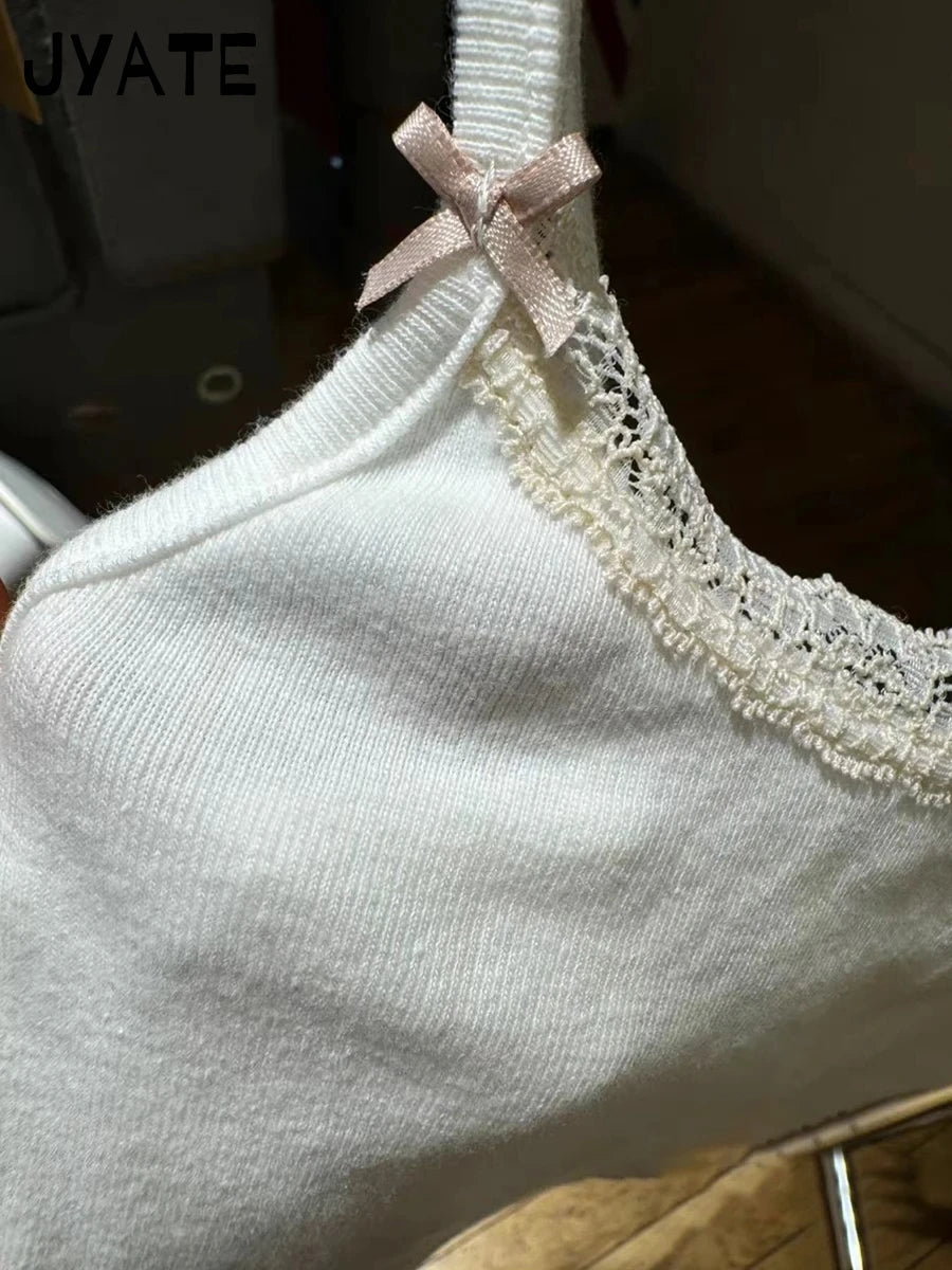 White Lace Trim Bow Slim Tank Tops Women Summer New Cotton Casual Basic Sleeveless Cropped Vests Sweet Chic Vintage Camisole Y2K