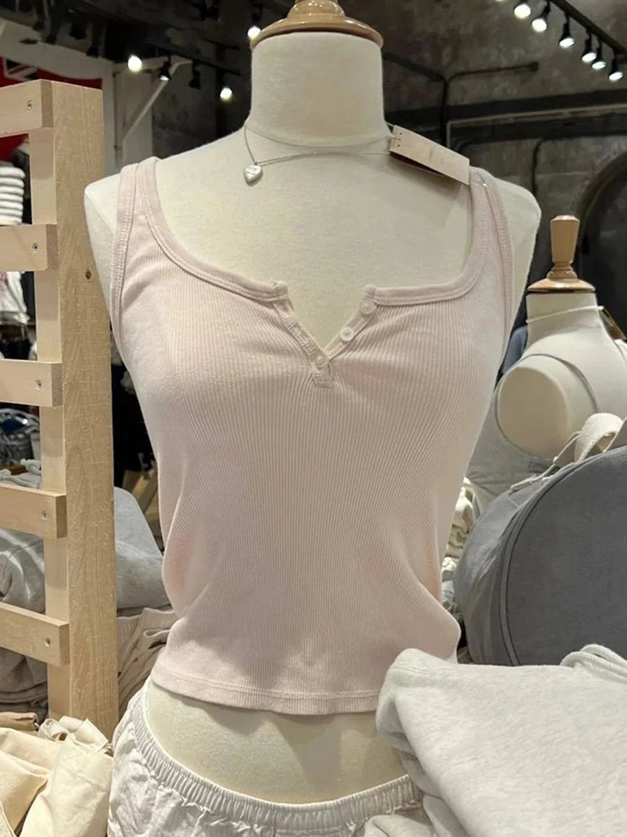Ribbed Slim Tank Tops Woman Summer Solid Simple Cotton Three Buttons Sleeveless Top Female Casual Vintage Streetwear Y2k Vest