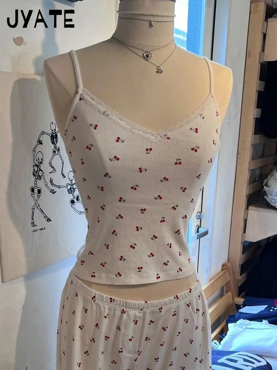 Cherry Print Eyelet Camisole Women New Cotton Soft Lace Trim V-neck Slim Sleeveless Vests Sweet Cute Chic Vintage Tank Tops Y2K
