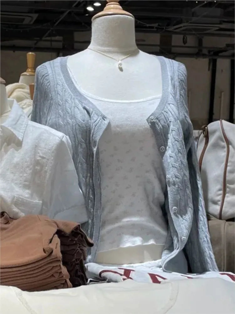 Gray Twisted Flower Slim Cardigans Women Streetwear New Solid O-neck Single-Breasted Autumn Sweater Cute Casual Sweet Knitwear