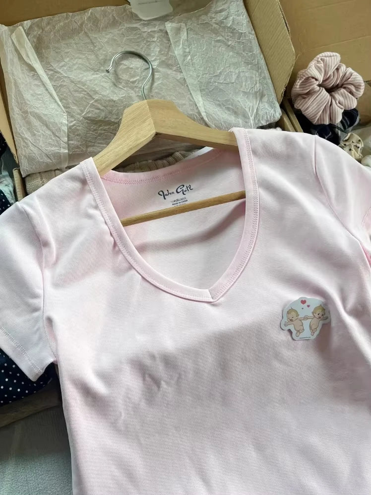 Pink Sweet V-neck Cotton Short Sleeve Tee Women New Casual Simple Preppy Style Slim Tops Clothes Vintage Sweet Chic T-shirt Y2K
