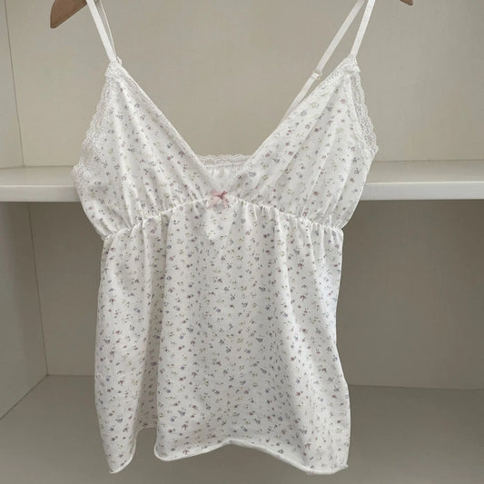 Floral Print V-neck Tank Tops Women Summer New Lace Trim Bow Casual Pajama Sleeveless Vests Sweet Cute Preppy Style Camisole Y2K