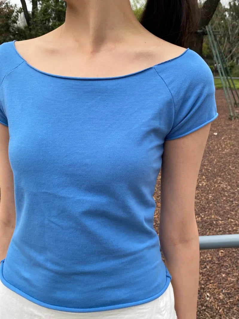 Electric Blue Slash Neck Crop Tops Women Simple All-match Cotton Slim Raw Hem T-shirts Vintage Preppy Style Cropped Tees New