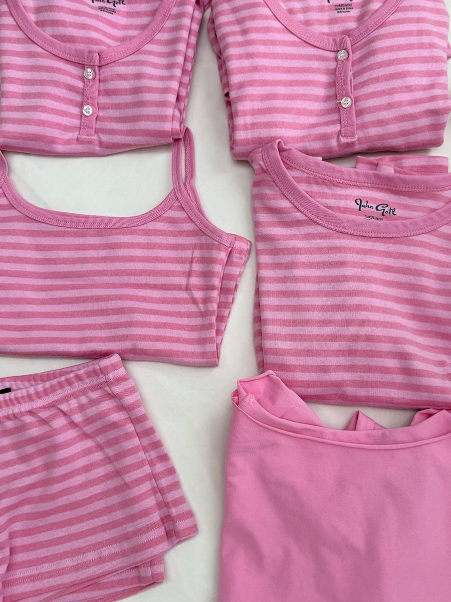 Pink Striped Buttons Long Sleeve T-shirt Shorts Set Women Cotton Home Pajama 2 Piece Sets Slim Tees+Elastic Straight Sweatshort