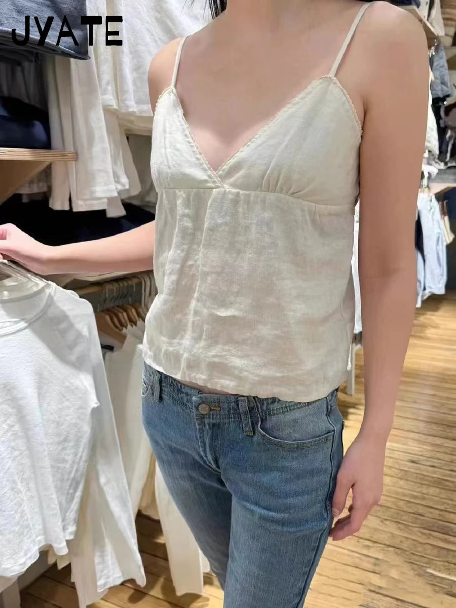 Blue Plaid Back Lace-up Slim Tank Tops Women New Simple Causal V-neck Sexy Sleeveless Vests Sweet Preppy Style Cropped Camisole