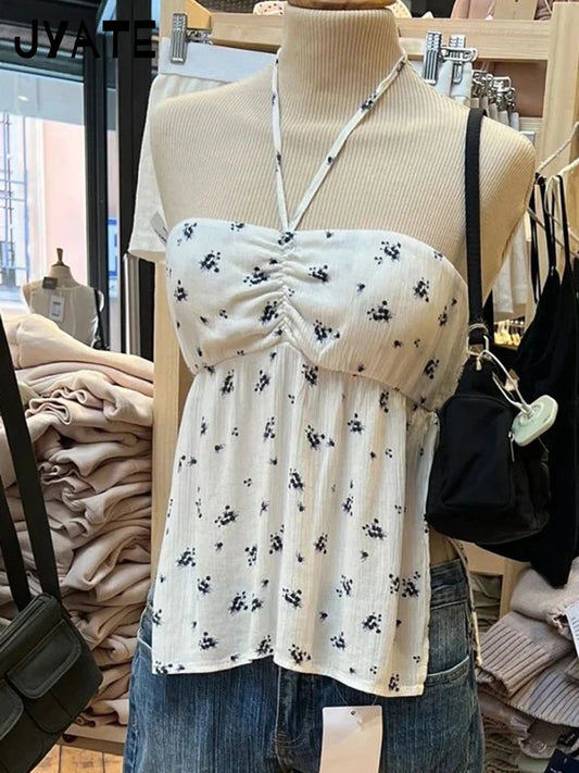Sweet Floral Pleated Halter Crop Tops Women Summer New Casual Slim Strapless Side Split Tank Top Vintage Harajuku Chic Camis Y2K