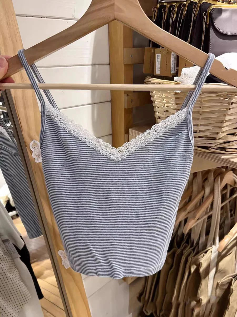 American Blue Striped Hollow Out Tank Tops Women Summer New Cotton Bow Lace Trim Sleeveless Vests Sweet Cute Vintage Camis Y2K