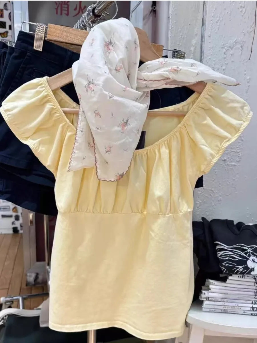 Yellow Square Neck T-shirt+Wafflw Short Pants Women Cotton Slim Tee Elastic Waist Straight Short Pant Sweet Cute Y2K Sets Suit