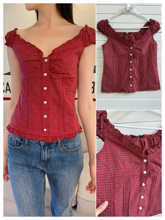 Cute Red Plaid Folds Blouse Tees Women Casual Single Breasted Ruffle Sleeveless Tank Tops Sweet Vintage Preppy Style Camisole