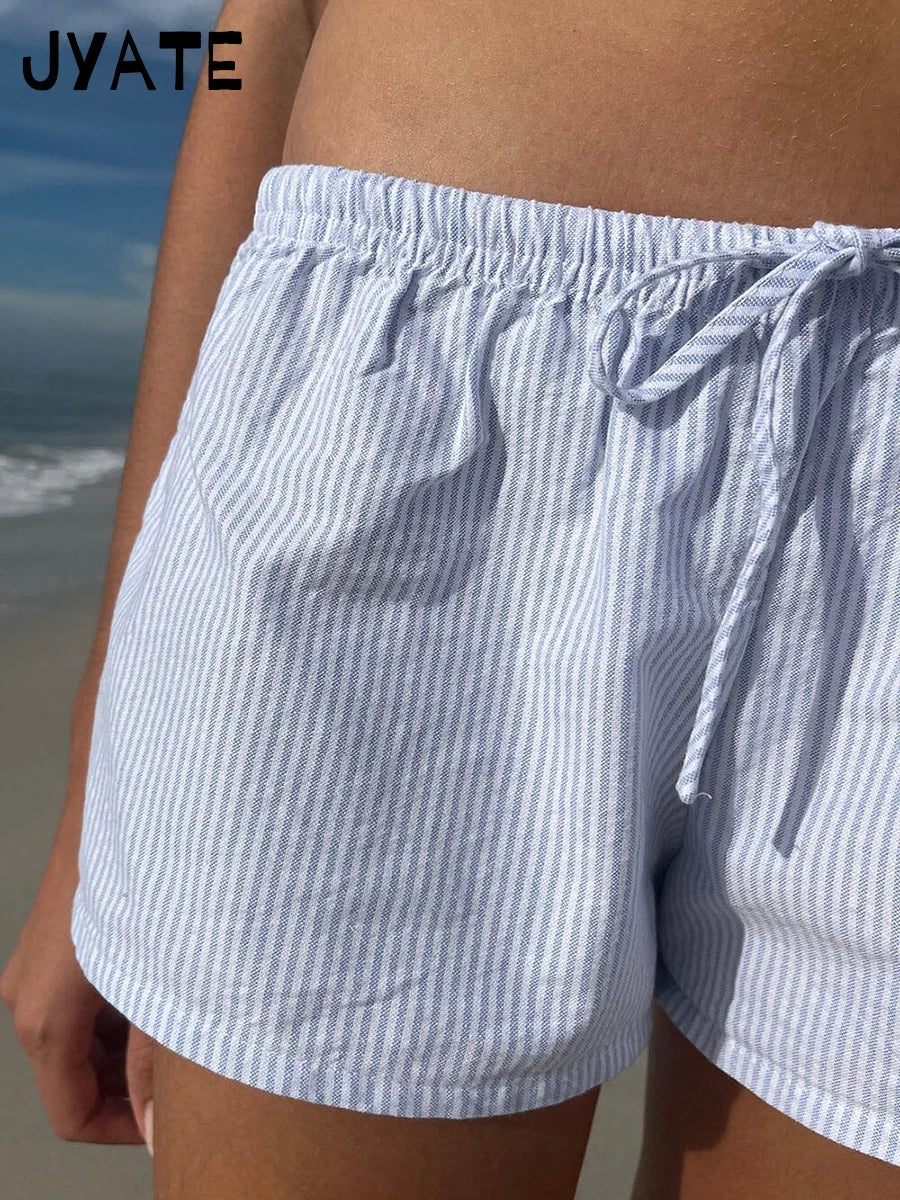 Vintage Blue Striped Drawstring Short Pants Women Summer New Casual Elastic Waist Straight Shorts Sweet Chic Home Underwear Y2K