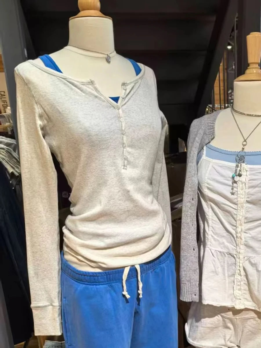 Button Long Sleeve Tees Solid Slim T-shirts Women Spring Casual Simple Basic Tshirt