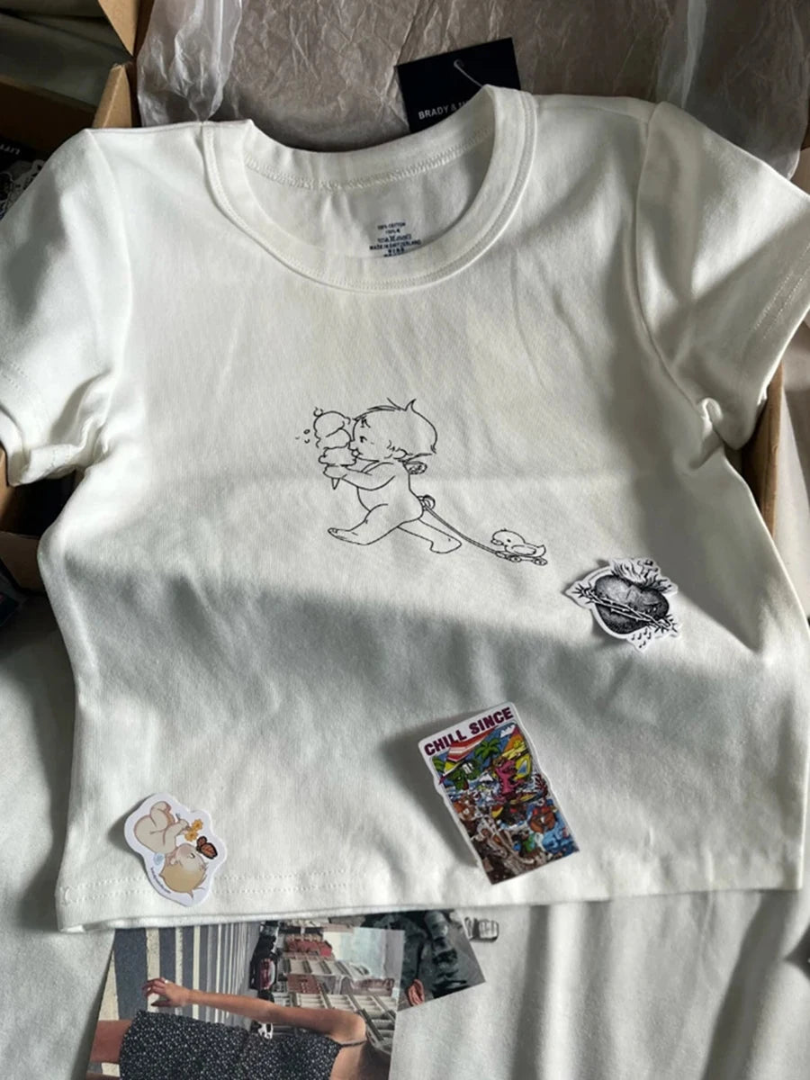 Cute Cartoon Angel Print White Crop Tops Women Casual Simple O-neck Slim Cotton Short Sleeve Tees Female Sweet Vintage Chic Y2K
