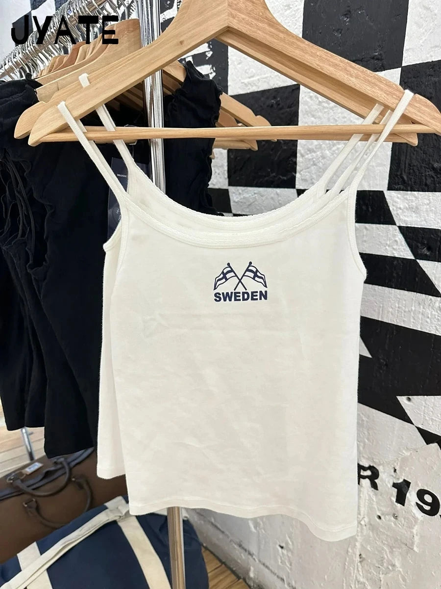 Simple Flag Letter Print Slim Tank Tops Women New Cotton Soft Casual Streetwear Lace Trim Crop Top Vintage Sweet Chic Camis Y2K