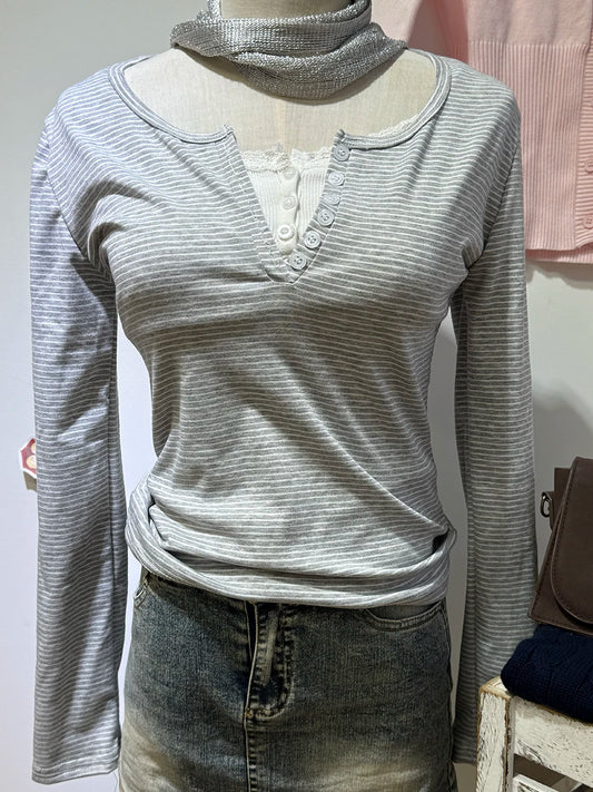 Gray Striped Long Sleeve Zelly Tops Women Autumn New Casual Simple Slim Buttons Tees Vintage Chic Preppy Style T-shirts Top y2k