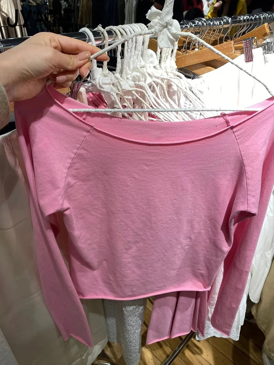 New Pink Raw Hem Long Sleeve Tees Women Casual Cotton Streetwear Slim Scoop Neck Crop Tops Femme Sweet Vintage Cute T-shirts Y2K