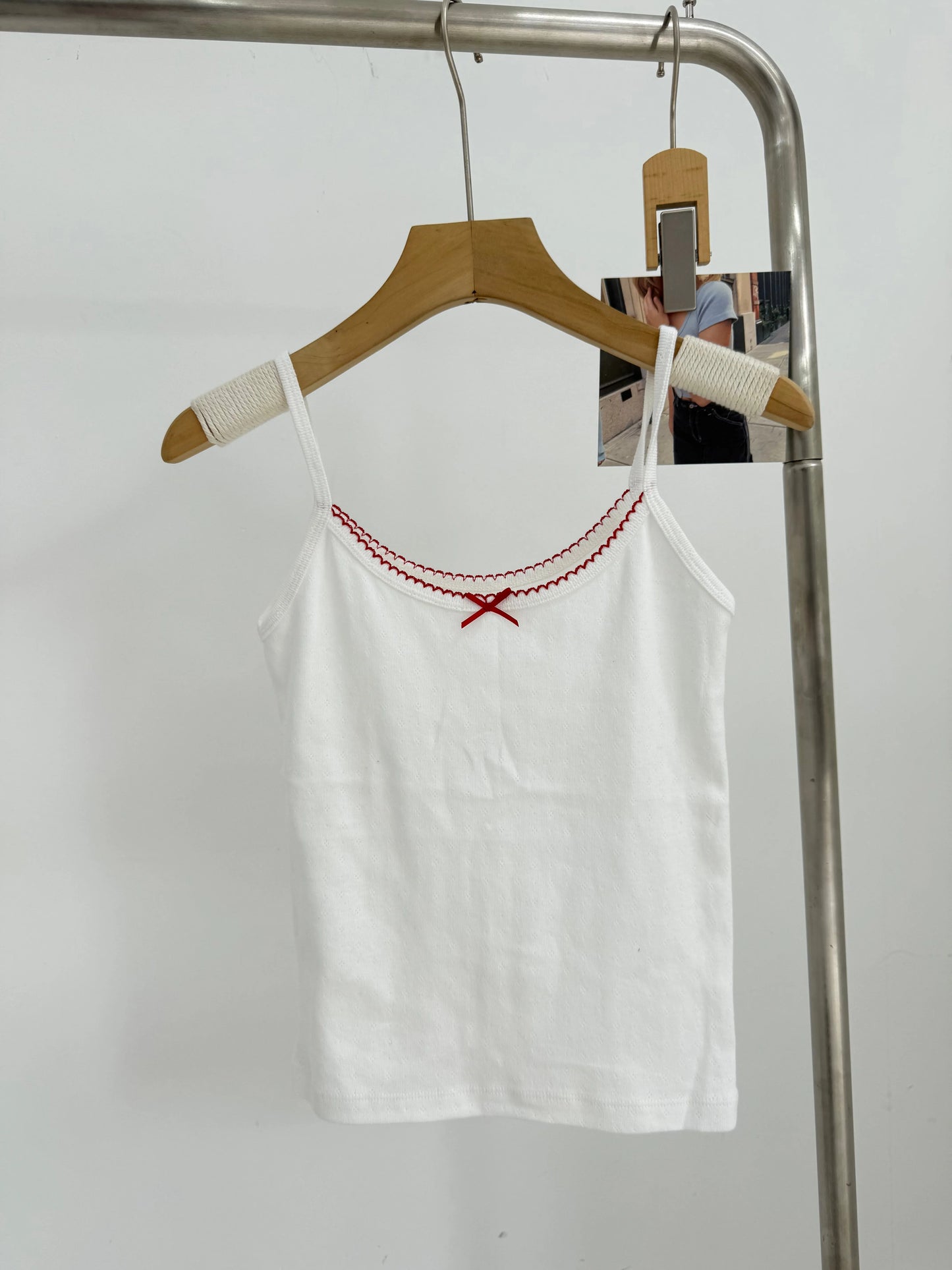 Heart Eyelet Red Bow Camisole Women Casual Slim Lace Trim Sleeveless Cotton Tank Top Female Sweet Cute Preppy Style Crop Tops