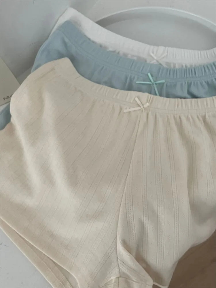 Sweet Eyelet Straight Bow Sweatshorts Women Summer New Elastic Waist Cotton Short Pant Casual Solid Basic Home Pajama Shorts Y2K