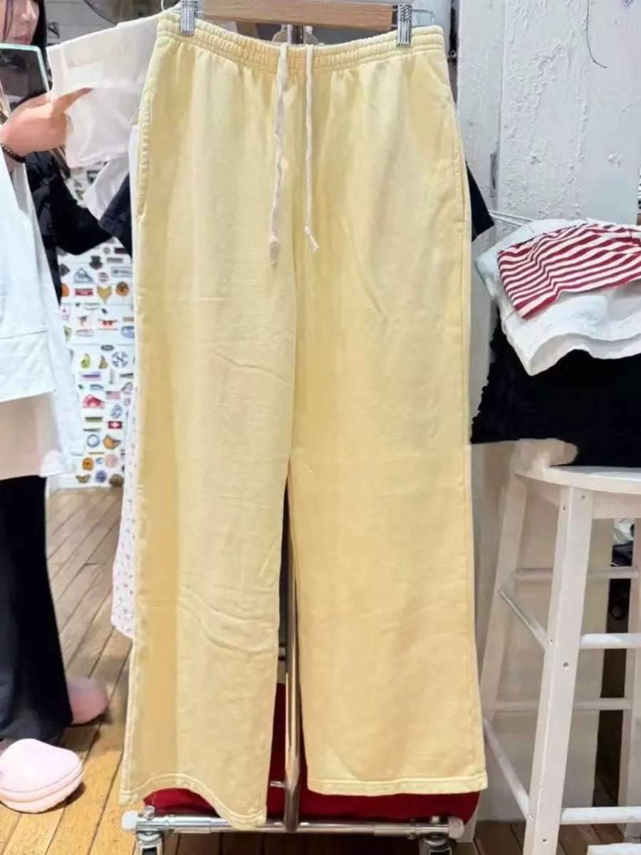 Yellow Cute Drawstring Straight Sweatpants Women New Elastic Waist Cotton Loose Trousers Casual Preppy Style Sport Long Pant Y2K