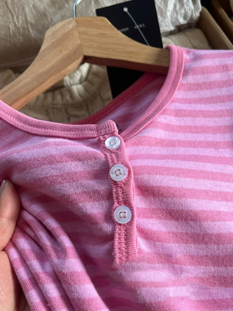 Pink Striped Slim Buttons T-shirts Women New Cotton O-neck Casual Simple Basic Short Sleeve Tees Sweet Cute Girls Tshirt Y2K Top