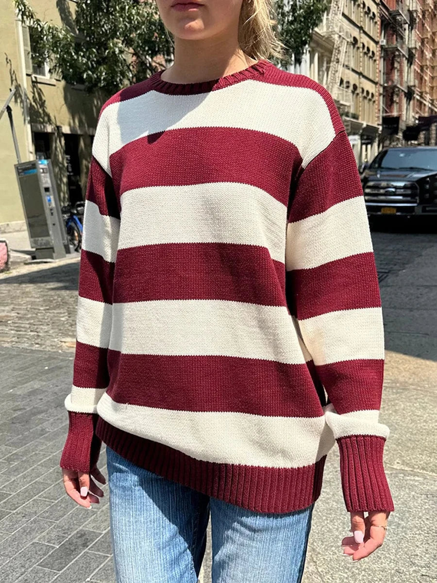 Striped Thick Knitted Jumpers Women Autumn O-neck Fashion Casual Streetwear Loose Pullovers Tops Chic Vintage Sweet Y2K Sweaters