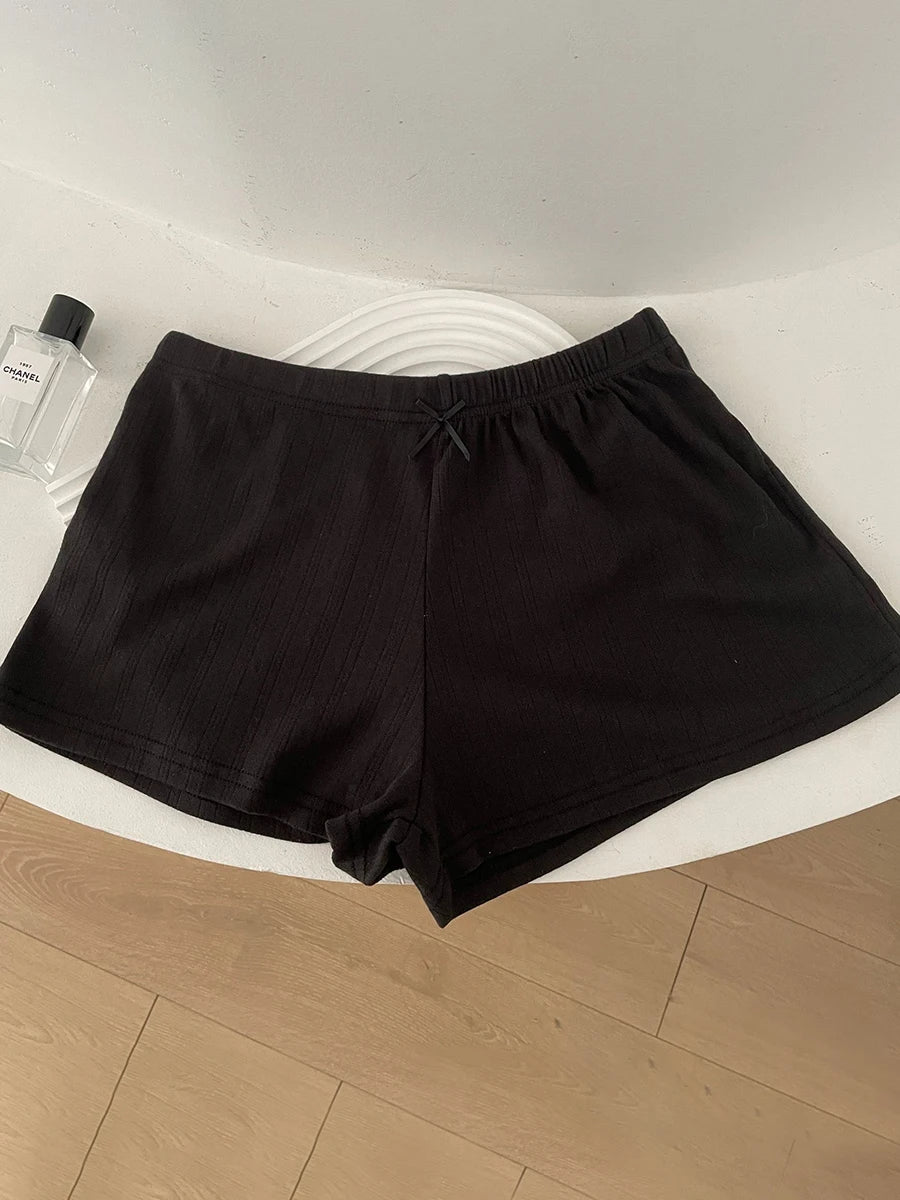 Sweet Eyelet Straight Bow Sweatshorts Women Summer New Elastic Waist Cotton Short Pant Casual Solid Basic Home Pajama Shorts Y2K