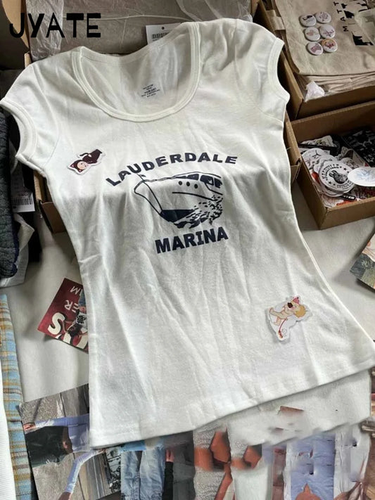 Boat Print Cotton Soft White T-shirts Women Summer Casual Streetwear Simple O-neck Short Sleeve Tees Sweet Chic Harajuku Tops