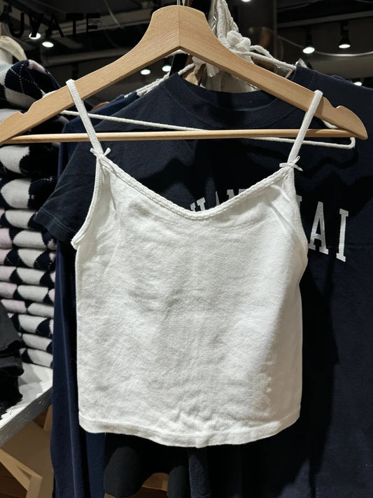 Sweet Bow Lace Trim Camisole Women Summer New Cotton Chic Casual Slim Preppy Style Cropped Vest Vintage Cute Basic Tank Tops Y2K