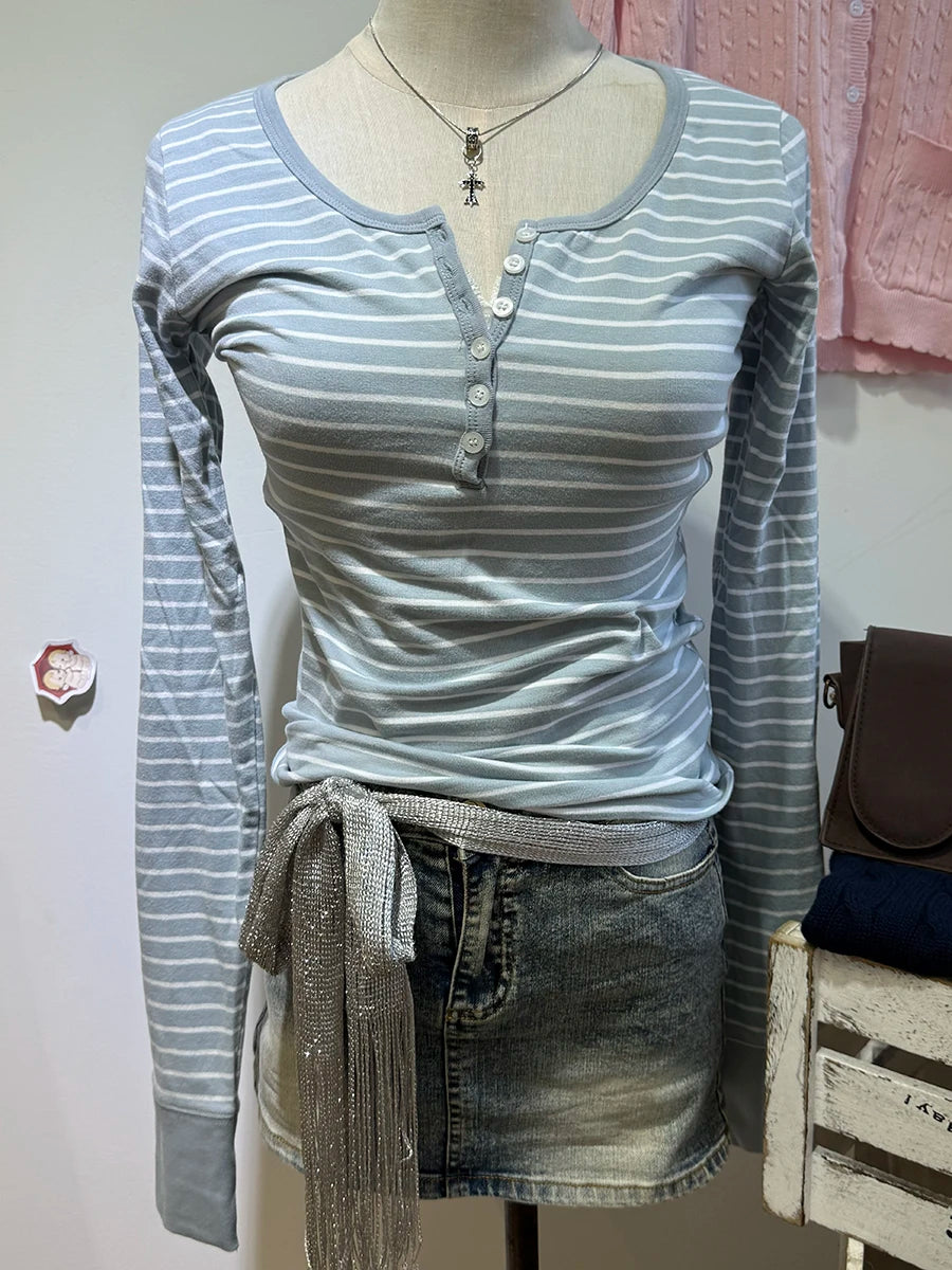 Brown Striped Long Sleeve Zelly Tops Women Casual Chic Cotton Buttons T-shirt Vintage Simple Preppy Style Slim Tshirt Y2K Tees