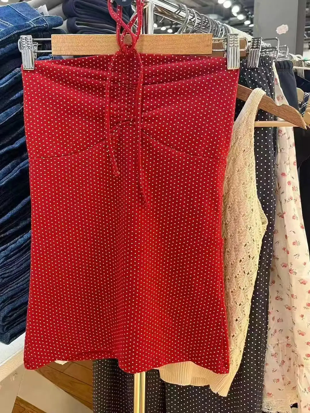 Red Dot Print Drawstring Folds Strapless Tank Top Women Cotton Slim All-match Camisole Sweet Harajuku Preppy Style Vest Y2K Tops