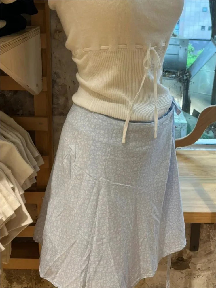 Blue Floral Side Lace-up Mini Skirts Women Summer New Preppy Style High Waist A-line Skirt Female Vintage Sweet Cute Falas Y2K
