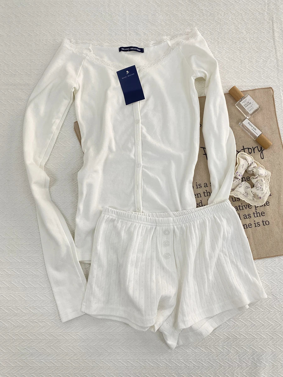 Sweet Eyelet Long Sleeve T-shirt Shorts Set Women Cotton Buttons Home Pajama 2 Piece Sets Slim Tees+Elastic Straight Sweatshort