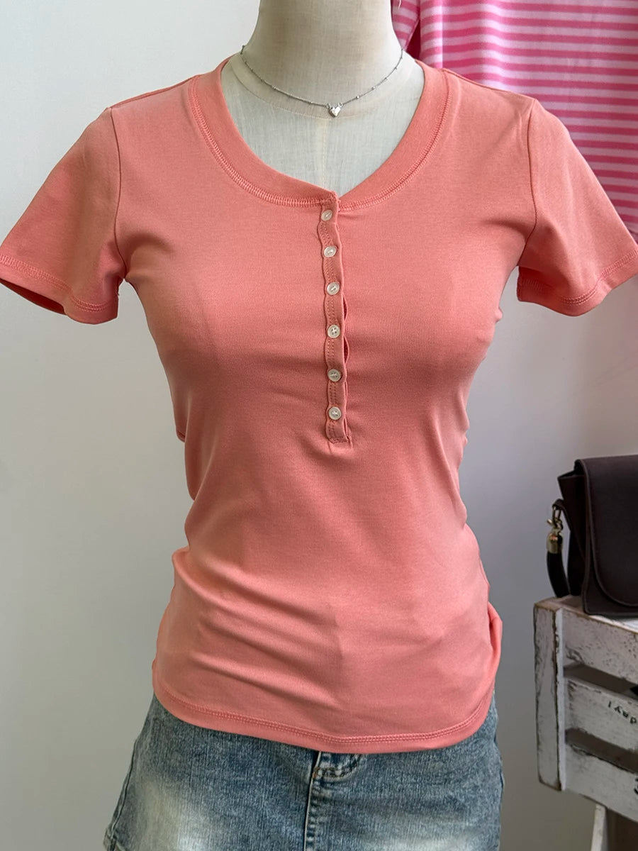 Sweet Six Buttons T-shirts Women Summer OrangeO-neck Cotton Slim Zelly Short Sleeve Tee Tops Casual Simple All-match Tshirts Y2K