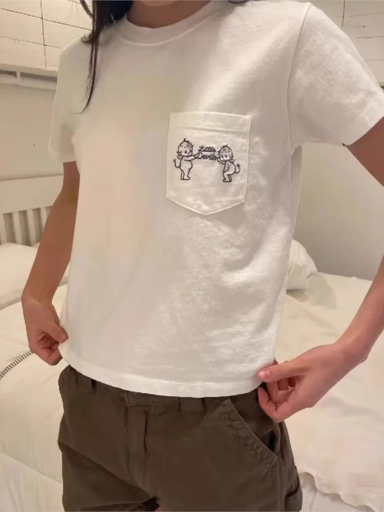 Angel Embroidery Pocket T-shirts Women Summer Casual Streetwear Cotton O-neck Short Sleeve Tees Sweet Cute Preppy Style Tshirts