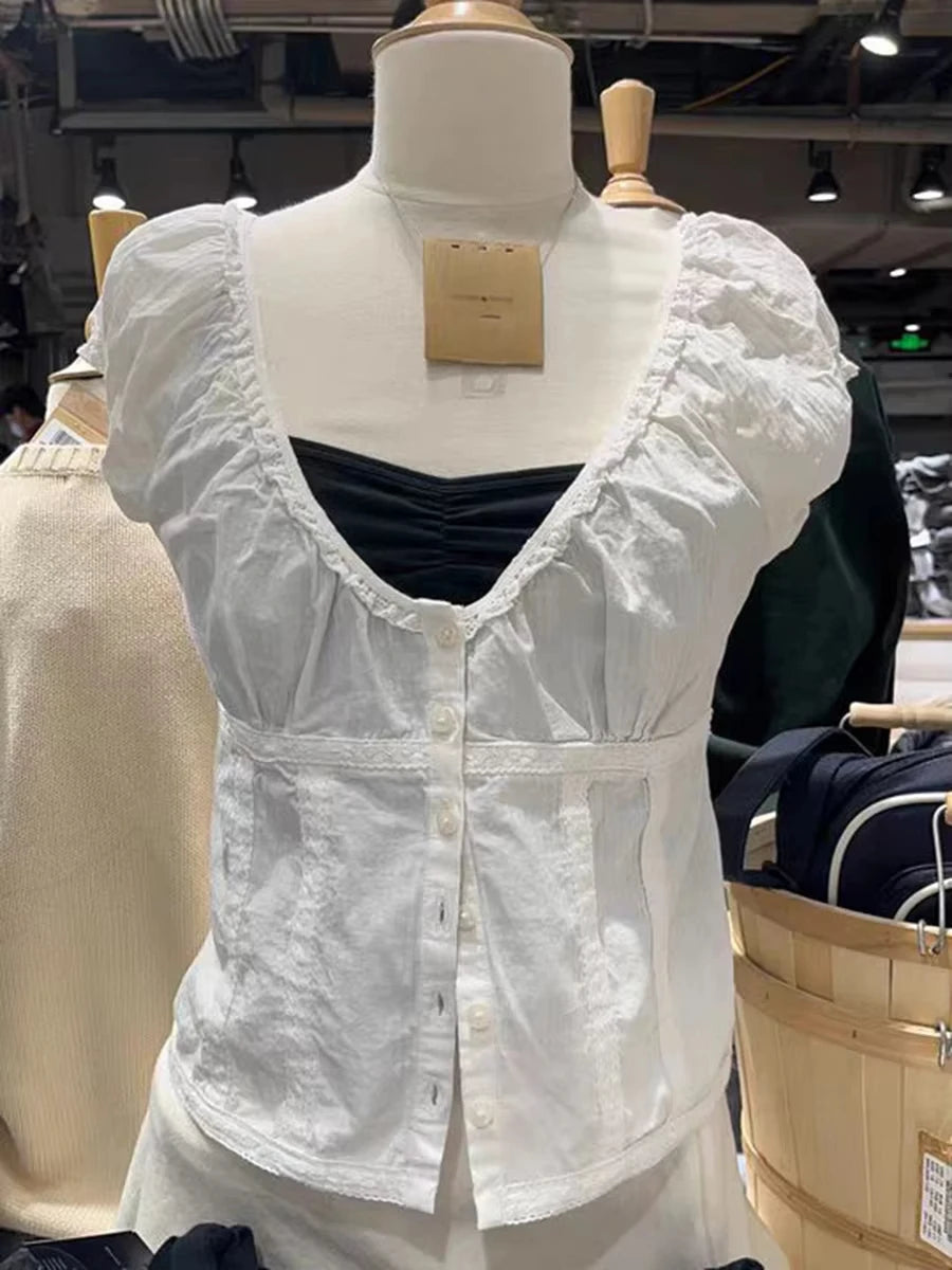 White Lace Trim Buttons Short Sleeve Tee Women Cotton Casual V-neck Preppy Style Tops Sweet Vintage Chic Cute T-shirts
