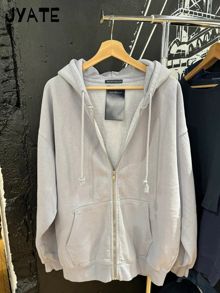 Simple Blue Cotton Oversized Hoodies Coat Women Autumn Casual Pocket Drawstring Zip-up Pullover Sweet Chic Vintage Sweatshirts