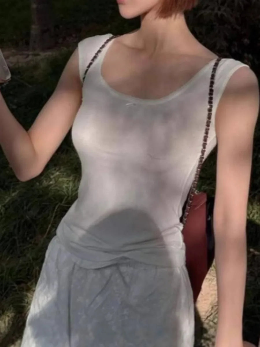 White Bow U-neck Tank Tops Women Summer New Cotton Slim Simple Basic Sleeveless Tops Sweet All-match Vintage Vests Clothes Y2K