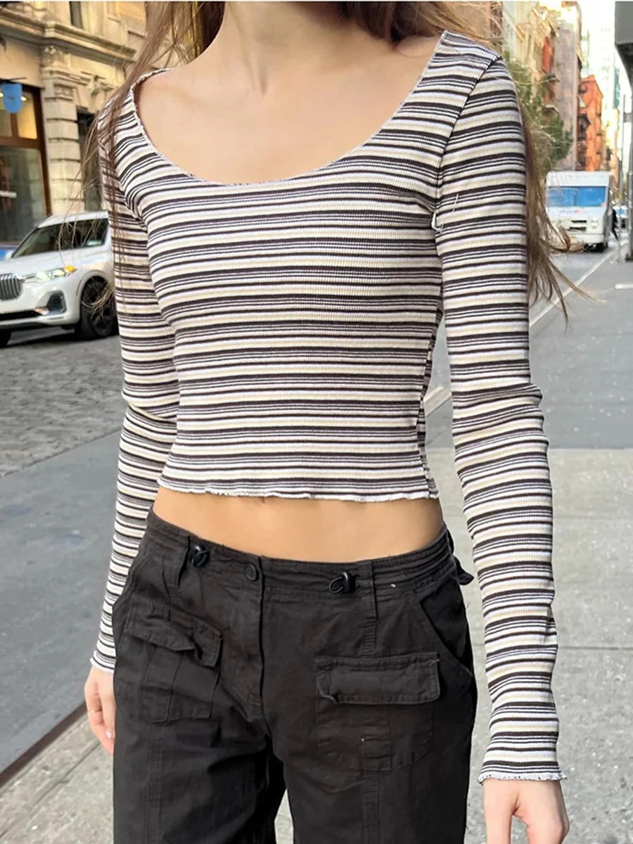 Striped Slim Sexy Cotton Long Sleeve Tees Women Casual Square Neck Streetwear Tops Female Vintage Chic Sweet Cute T-shirts Y2K