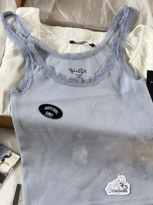 Vintage Lace Trim Blue Ribbed Camis Women New Casual Streetwear Slim Sexy Cotton Sleeveless Vests Sweet Cute Chic Tank Tops Y2K