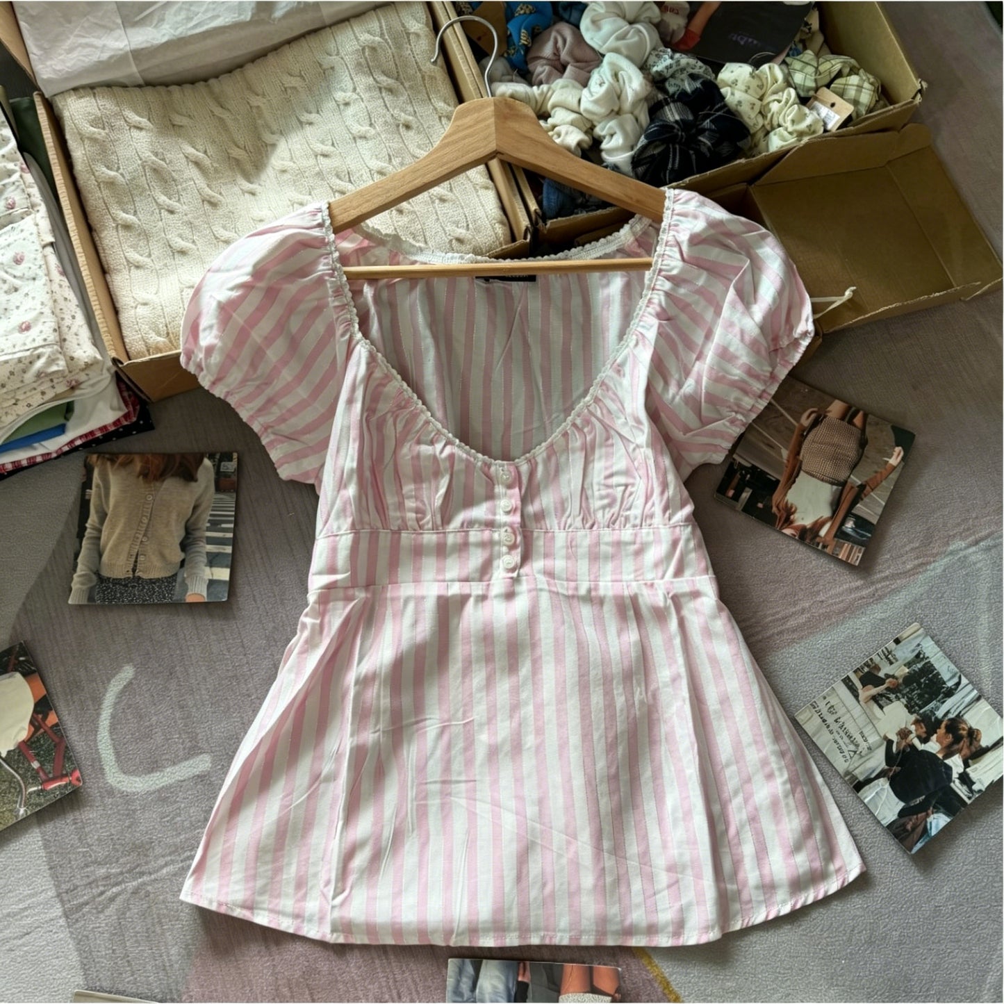 Pink Striped Puff Sleeves Tees Pretty Versatile Blouse