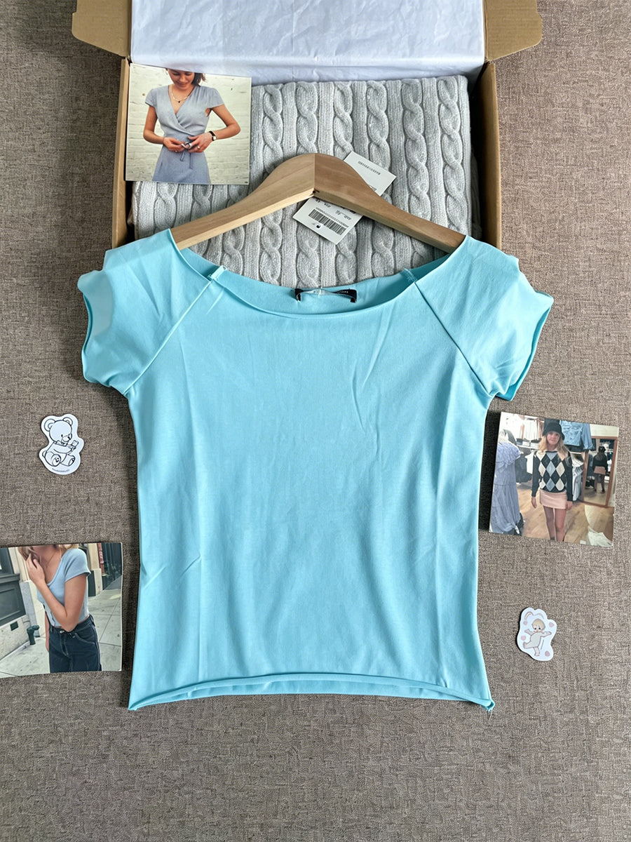Solid Slash Neck Raw Hem Crop Tops Women