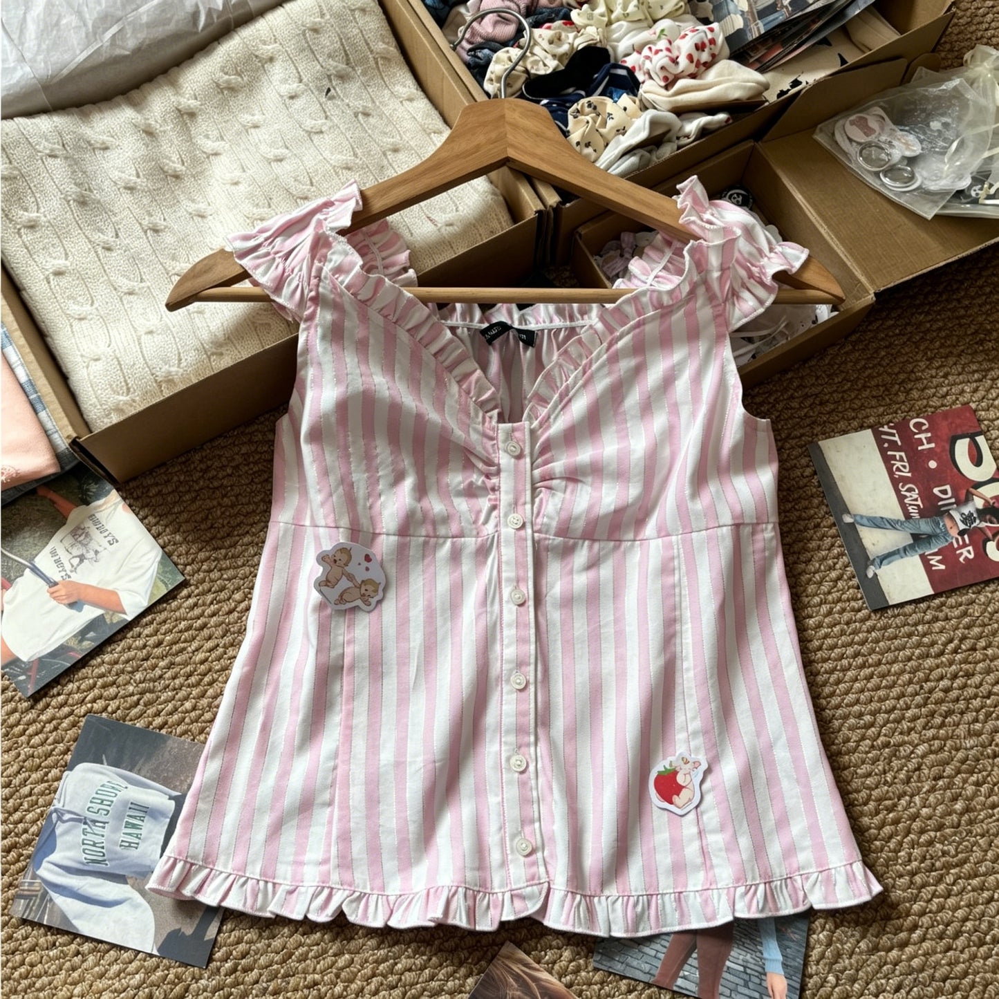 Pink Striped Puff Sleeves Tees Pretty Versatile Blouse