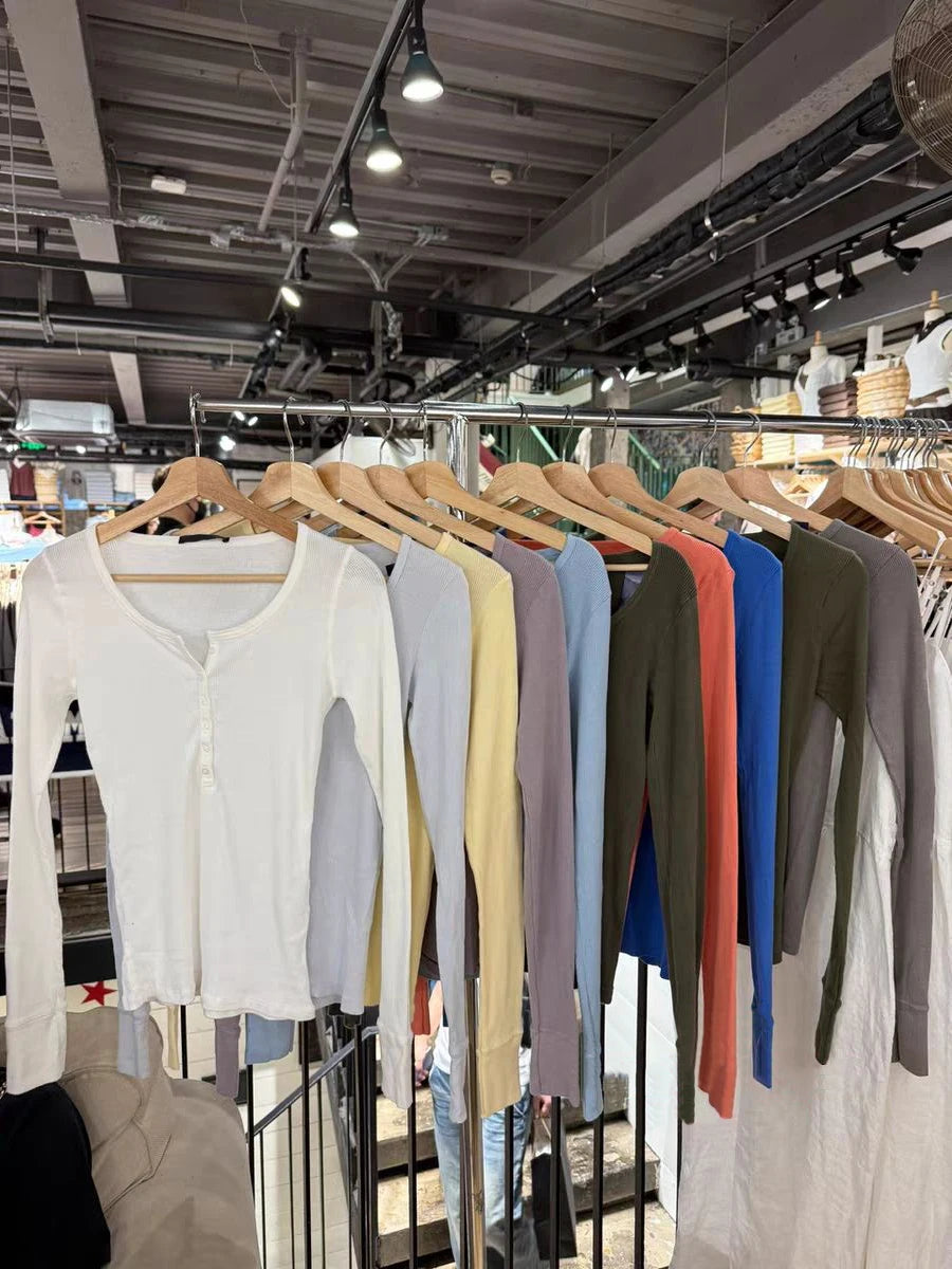 Multiple Colors Basic Long Sleeve Tshirt Autumn O-neck Six Buttons Ribbed Woman's T-shirt Casual Simple Cotton Slim Tee Tops y2k
