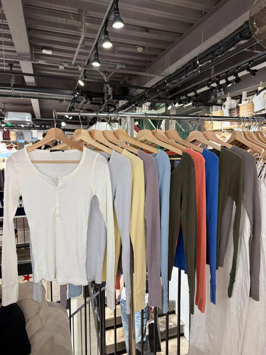 Multiple Colors Basic Long Sleeve Tshirt Autumn O-neck Six Buttons Ribbed Woman's T-shirt Casual Simple Cotton Slim Tee Tops y2k