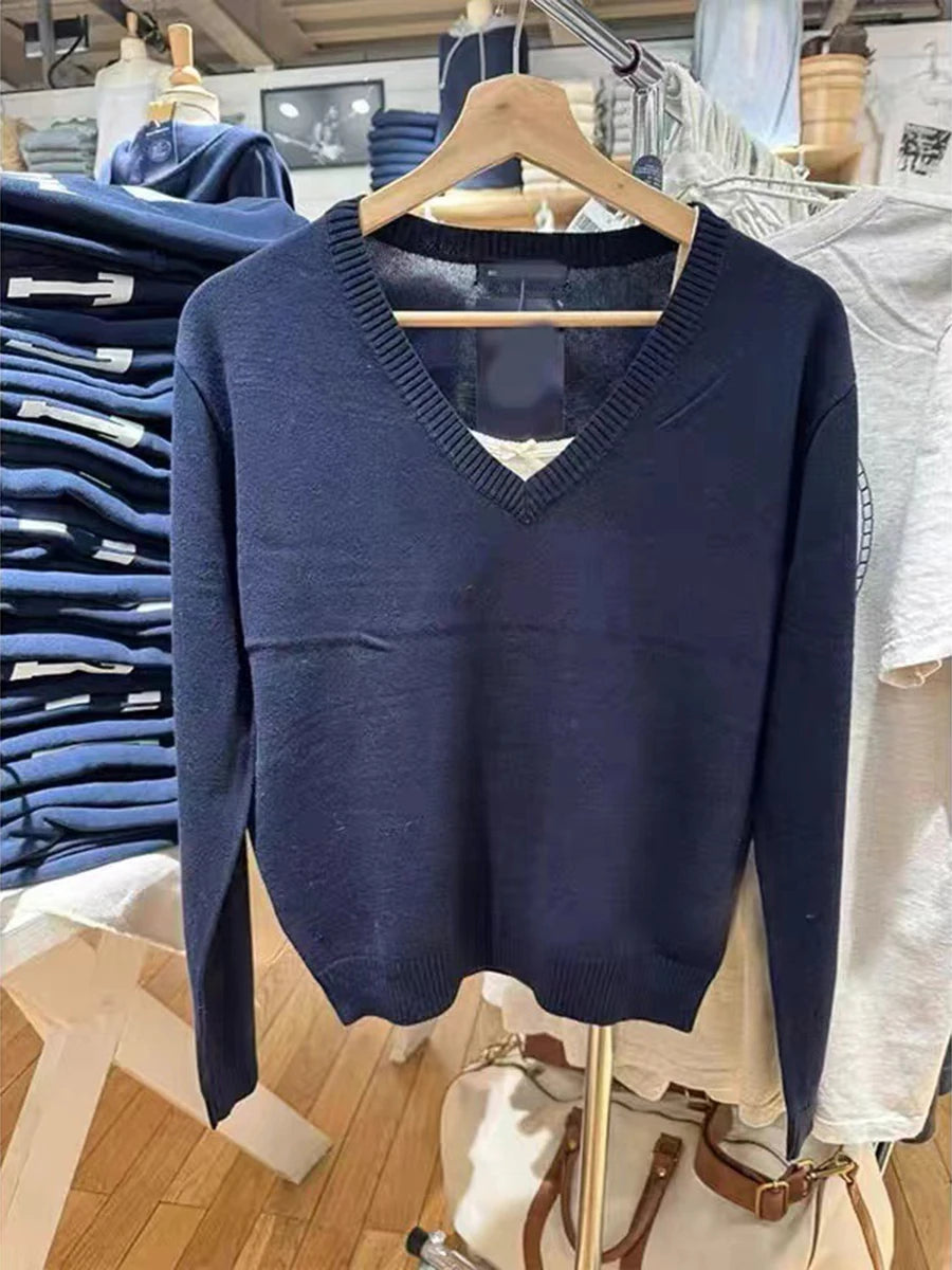 Navy V-Neck Vintage Knitted Sweater Women Autumn Winter Casual Cotton Long Sleeve Pullover Jumper Simple Slim Streetwear Top Y2K